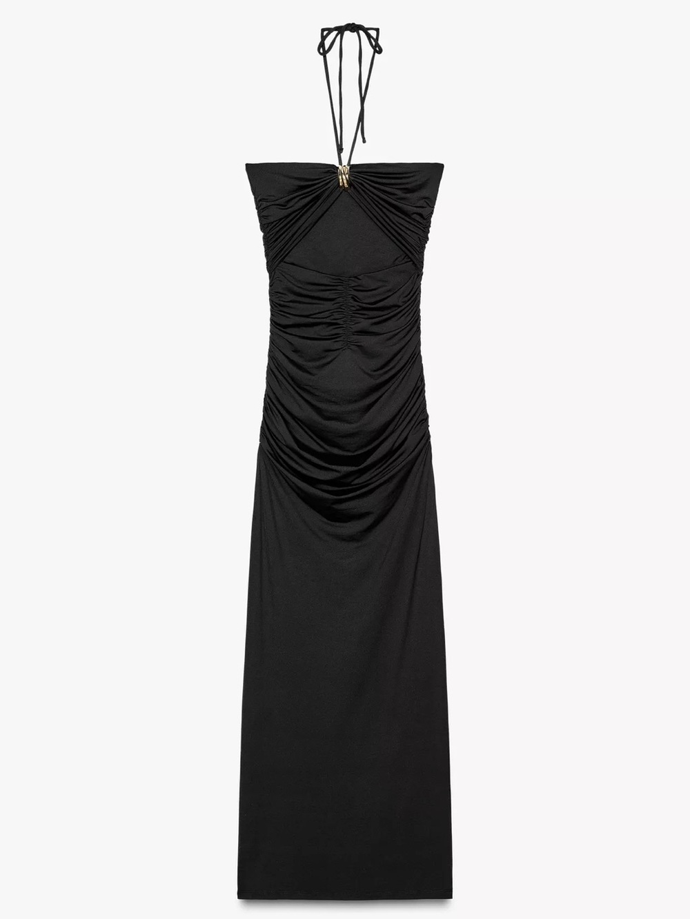Zara Black Halter Ruched Maxi Dress with Gold Accent